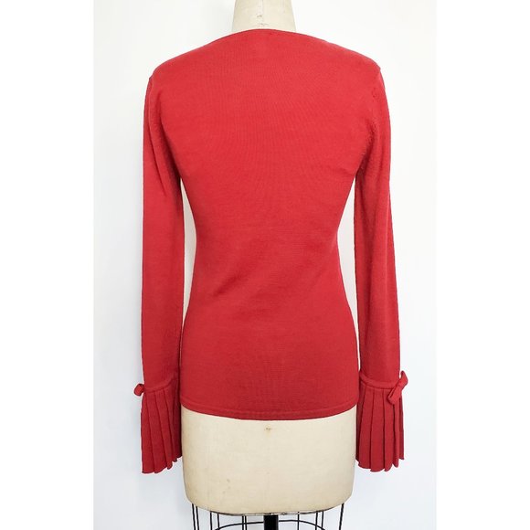 NANETTE LEPORE Womens  Fine Knit Meriono Wool Sweater Pleated Cuff Bow Red M - Picture 3 of 7